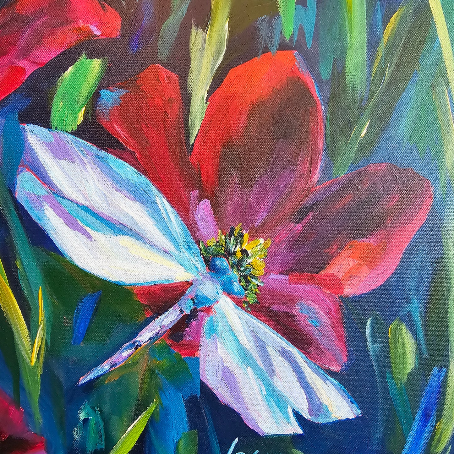 big white and purple dragonfly on a red flower painting on canvas