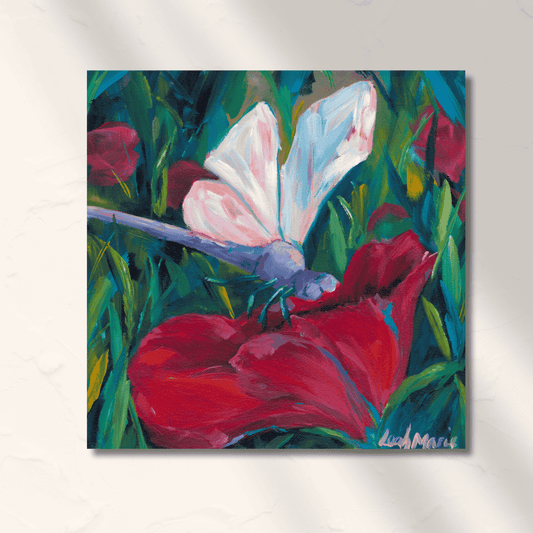 A vibrant original acrylic painting featuring a dragonfly with multicolored wings on a red flower, with a background of green and red hues.