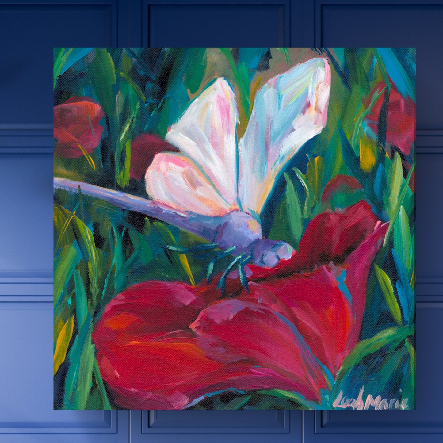  dragonfly painting with white rainbow wings on a 12x12 canvas original painting by leah marie goddard