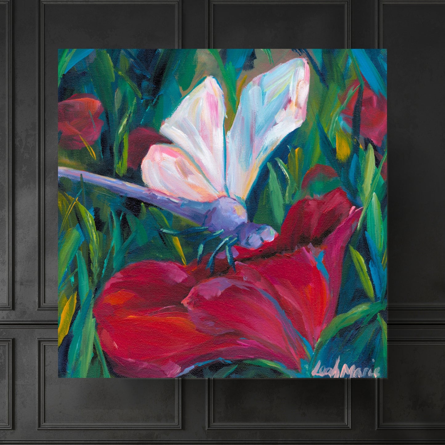 dopamine colorful painting of a dragon fly in a garden of pink flowers original painting on canvas