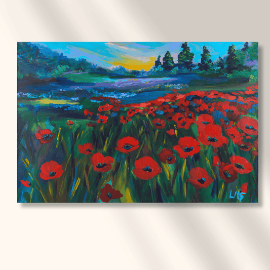 Painting titled 'Field of Poppies' by Leah Marie featuring vibrant nature themes in expressive color.