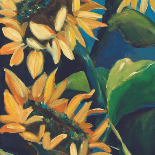Close-up of sunflower painting inspired by early spring light, expressive brushstrokes and warm yellow petals capturing the feeling of the season beginning to awaken