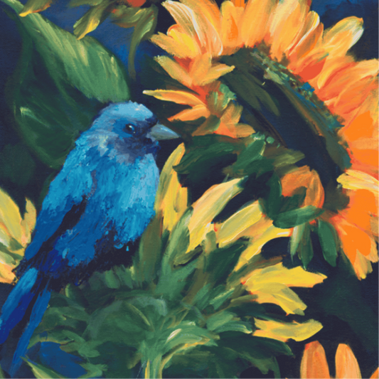 Close-up of sunflower and blue bird painting with expressive brushstrokes, rich color, and vibrant floral detail in spring-inspired artwork