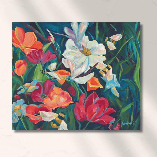 vibrant peony  and wild flower original painting with bees and dragon flies in a jewel tone maximalist living room decor