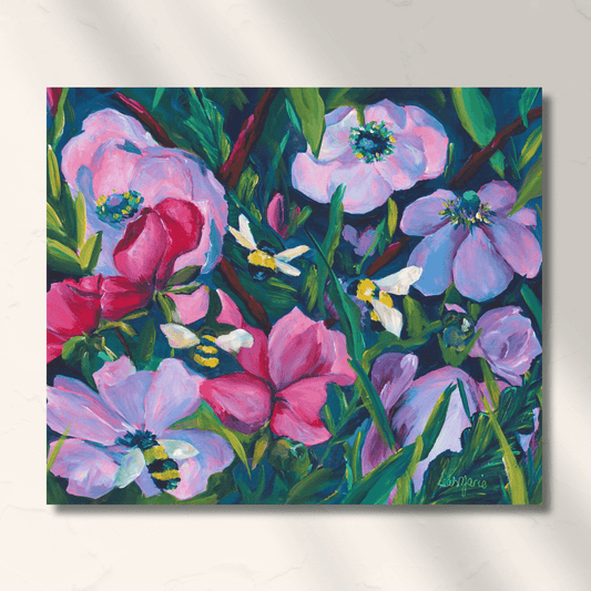 jewel tone living room with a purple flower hand painted artworkby dopamine artist leah marie 