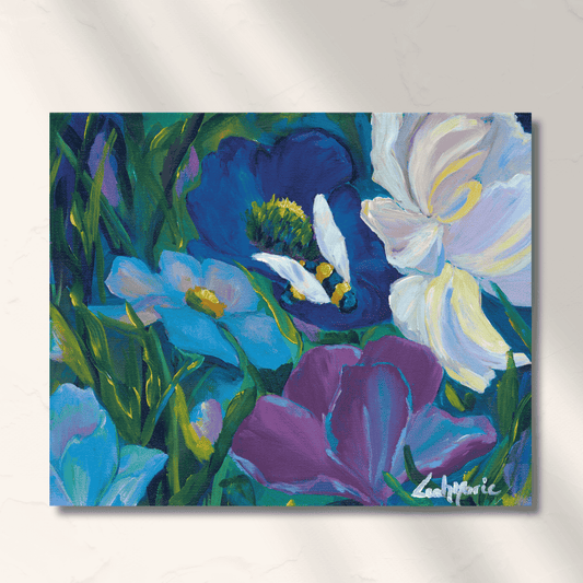 purple floral bee painting by dopamine artist leah marie