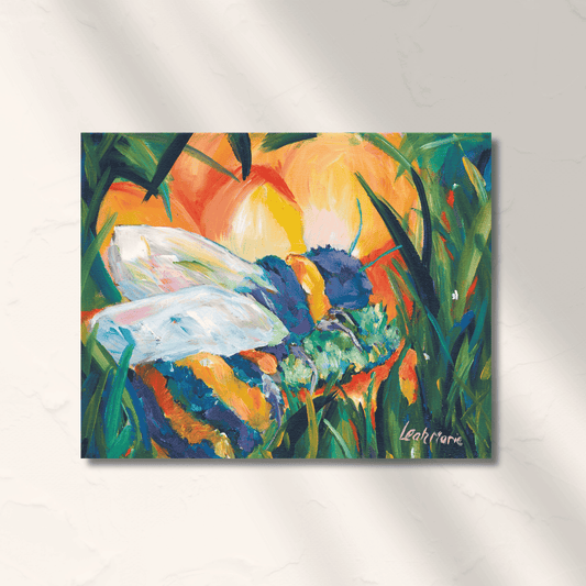 A vibrant original painting featuring a bee resting on a yellow flower with bold, intricate floral patterns in a 11x14 inch canvas.