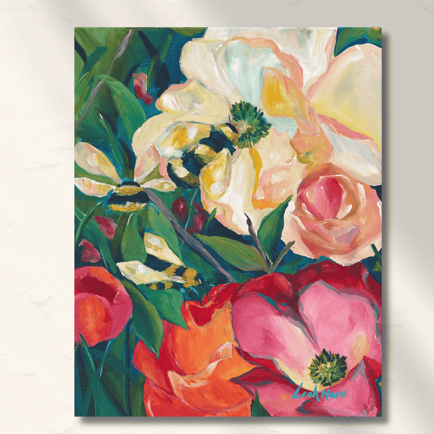 A vibrant original painting featuring a detailed depiction of flowers and bees with bold, dopamine-infused hues on a white background