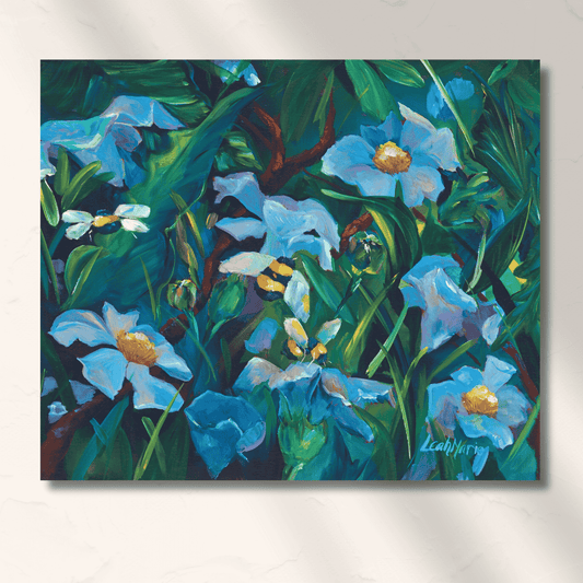blue flowers in a green garden hand painted artwork perfect gift for an anniversary or housewarming gift