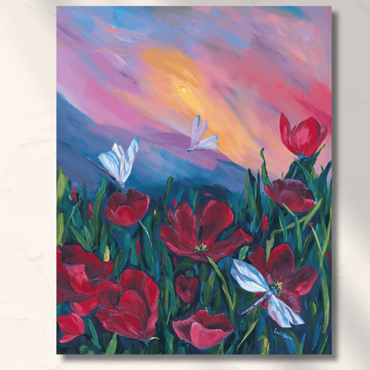 big white and purple dragonfly on a red flower painting on canvas