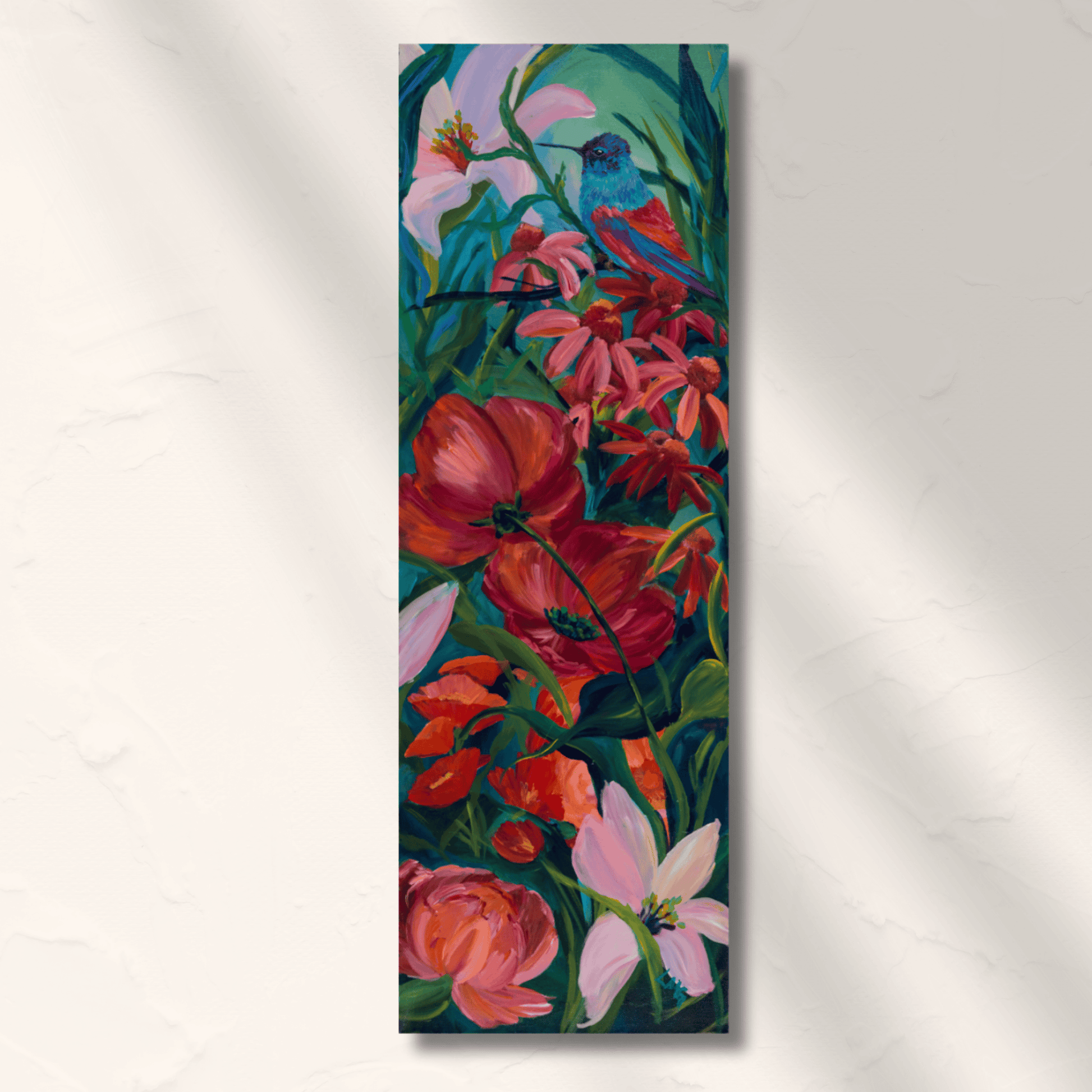 rich jewel tone hummingbird in  flower garden on a long narrow gallery stretched canvas