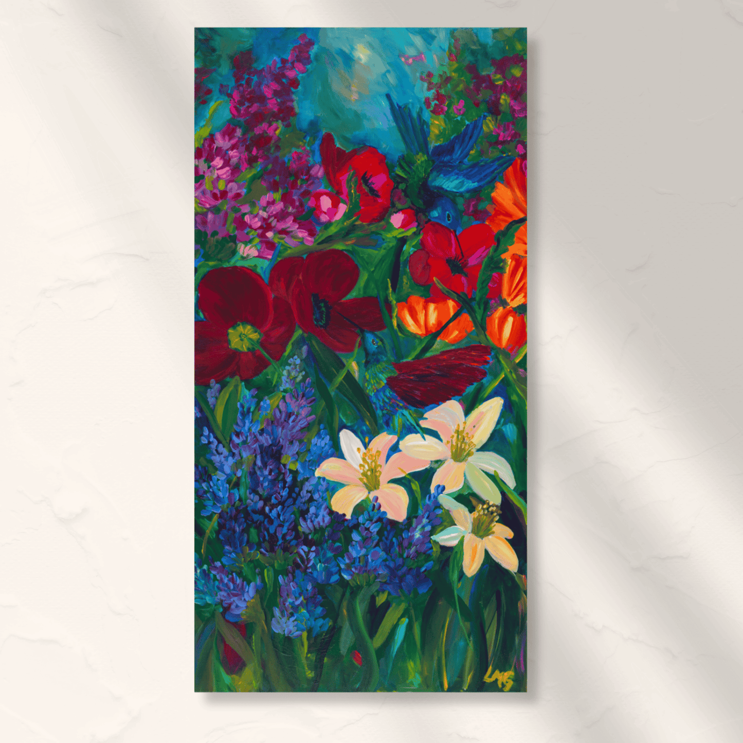2 hummingbirds on a rich jewel tone flower garden original hand painted gallery strethed canvas artwork perfect statement piece for a maximalist living room decor