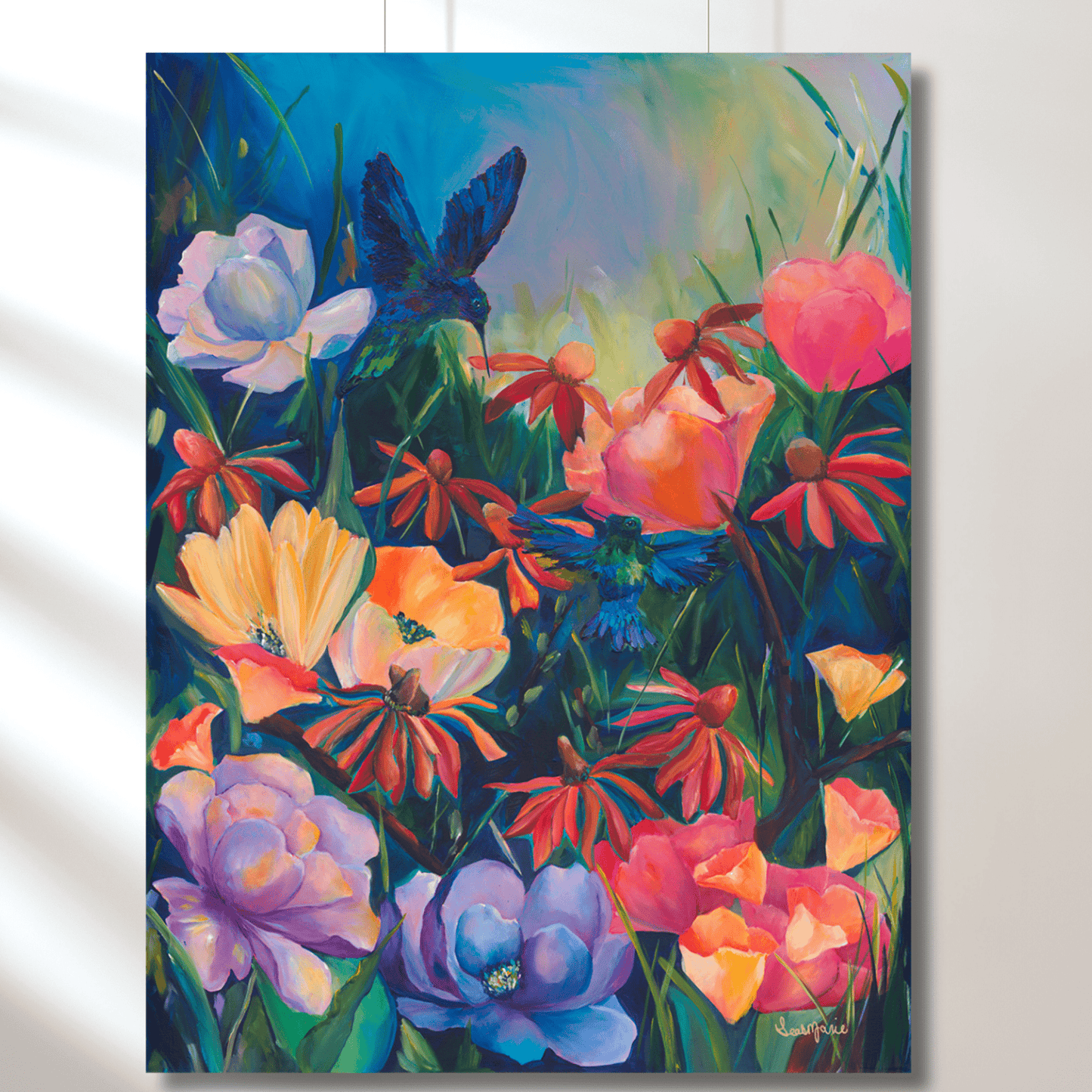 jewel tone floral garden painting featuring 2 textured hummingbirds perfect for a statement piece in a dopamine color maximalist space