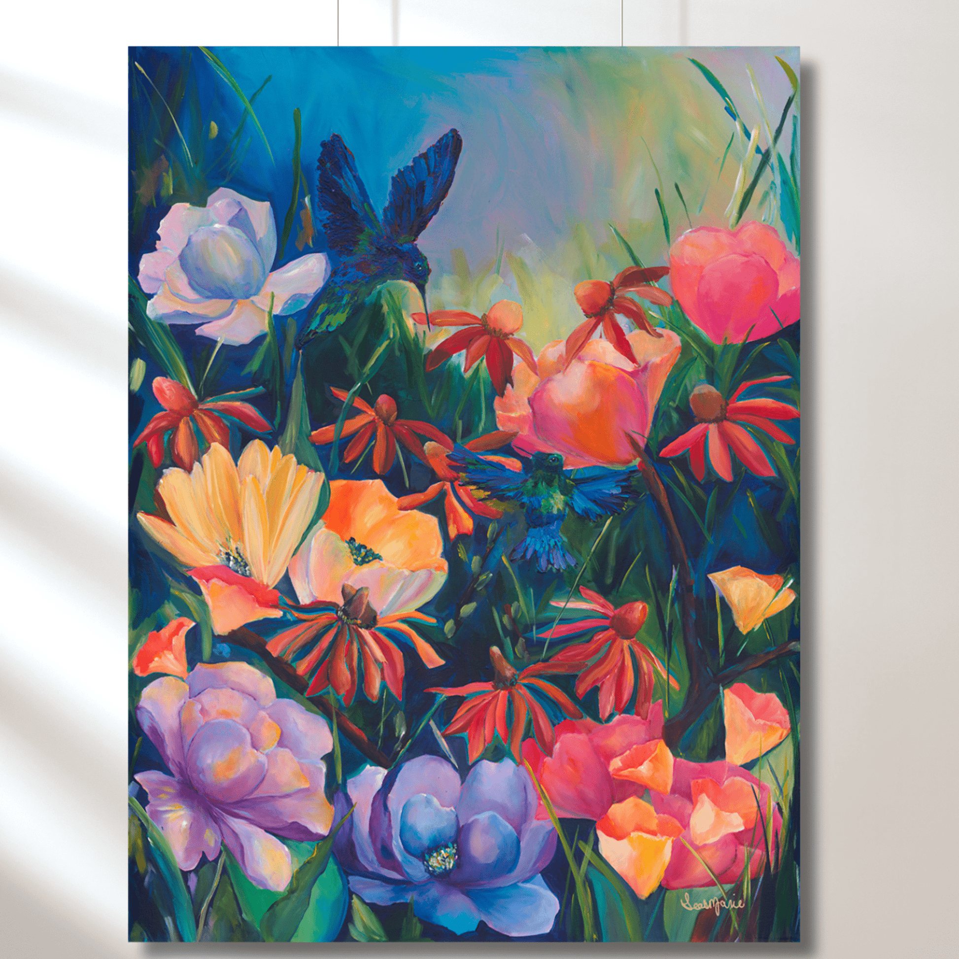 jewel tone floral garden painting featuring 2 textured hummingbirds perfect for a statement piece in a dopamine color maximalist space