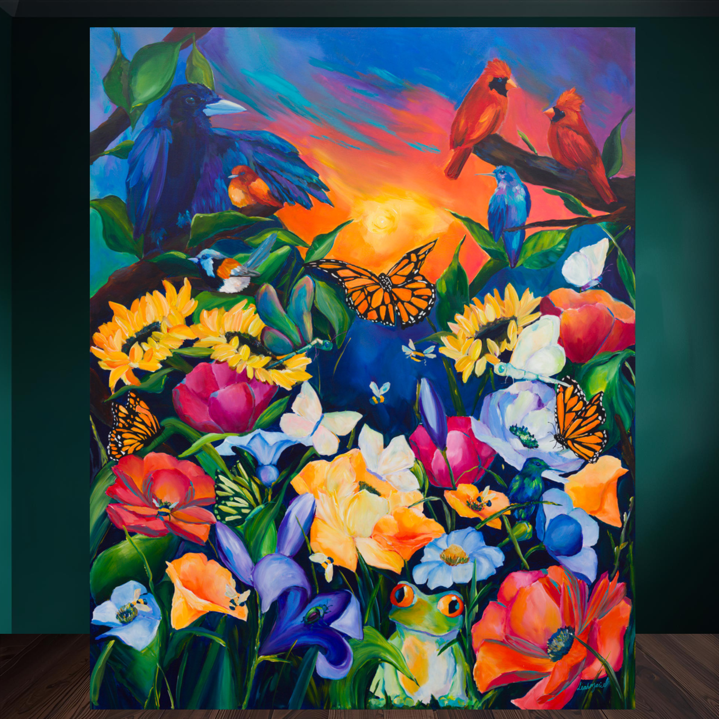Colorful painting of birds, flowers, and butterflies on a wall. known as annie's project