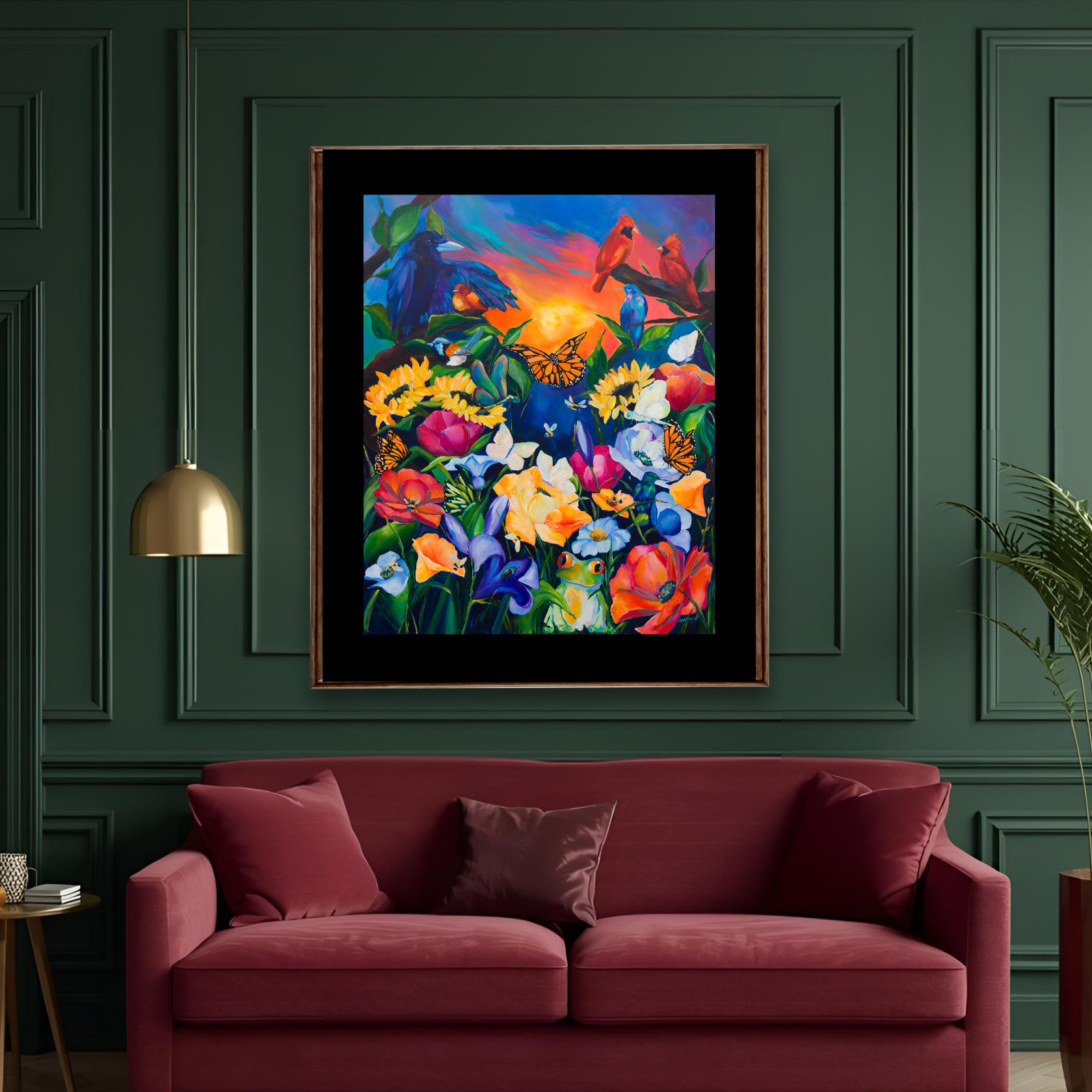 large statement floral colorful art print in a jewel tone maximalist living room decor