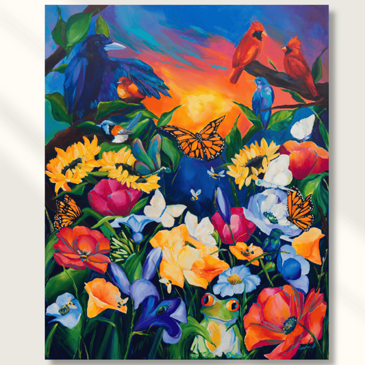 Vibrant floral canvas art with red cardinal, perfect for interior designers styling joyful home offices or gallery walls. 
Dopamine-rich flower and butterfly canvas print chosen by bold art lovers to energize living rooms or creative studios