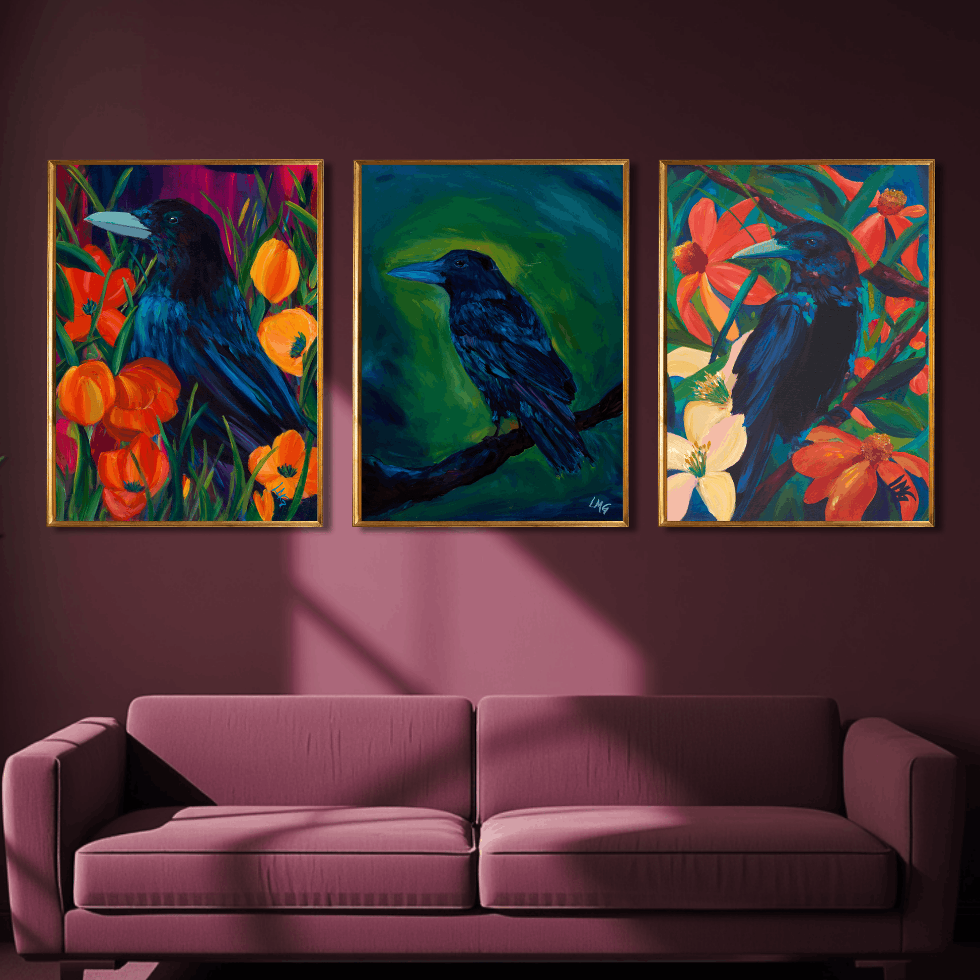 Elegant crow giclee prints designed from original paintings, offering unique, AI-free art for black bird lovers.