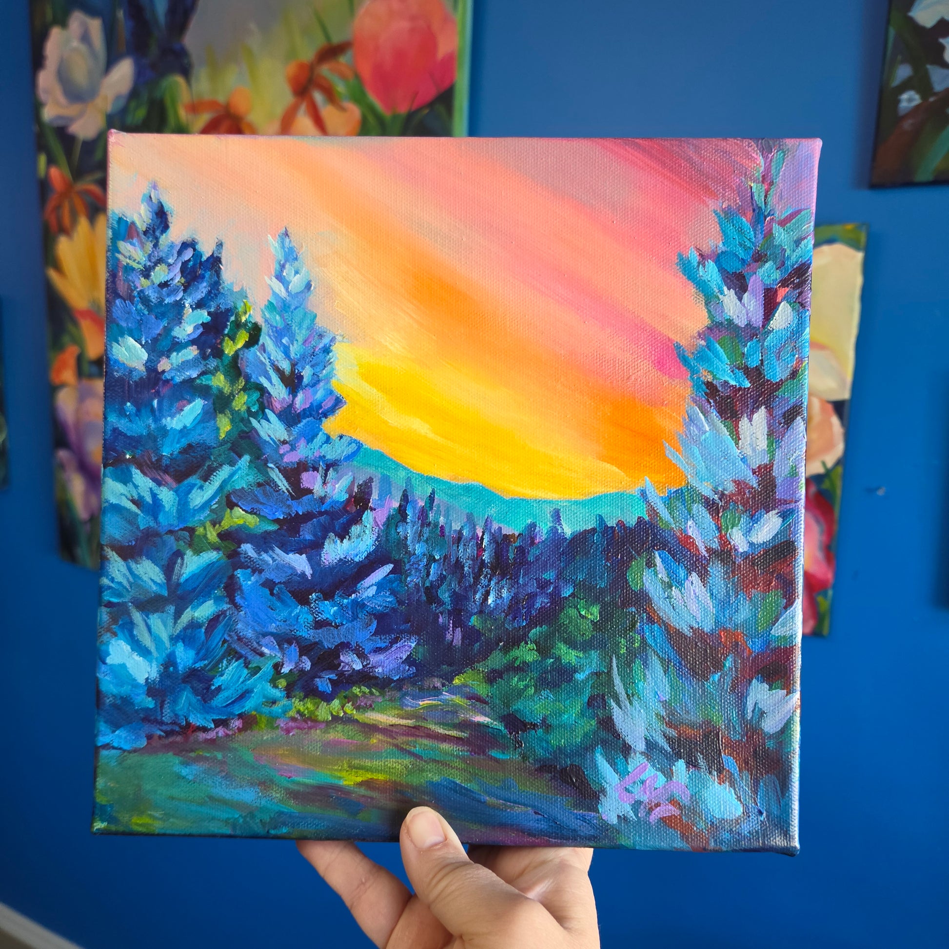 small square landscape painting with a pink sky green and blue pine trees great gift for him
