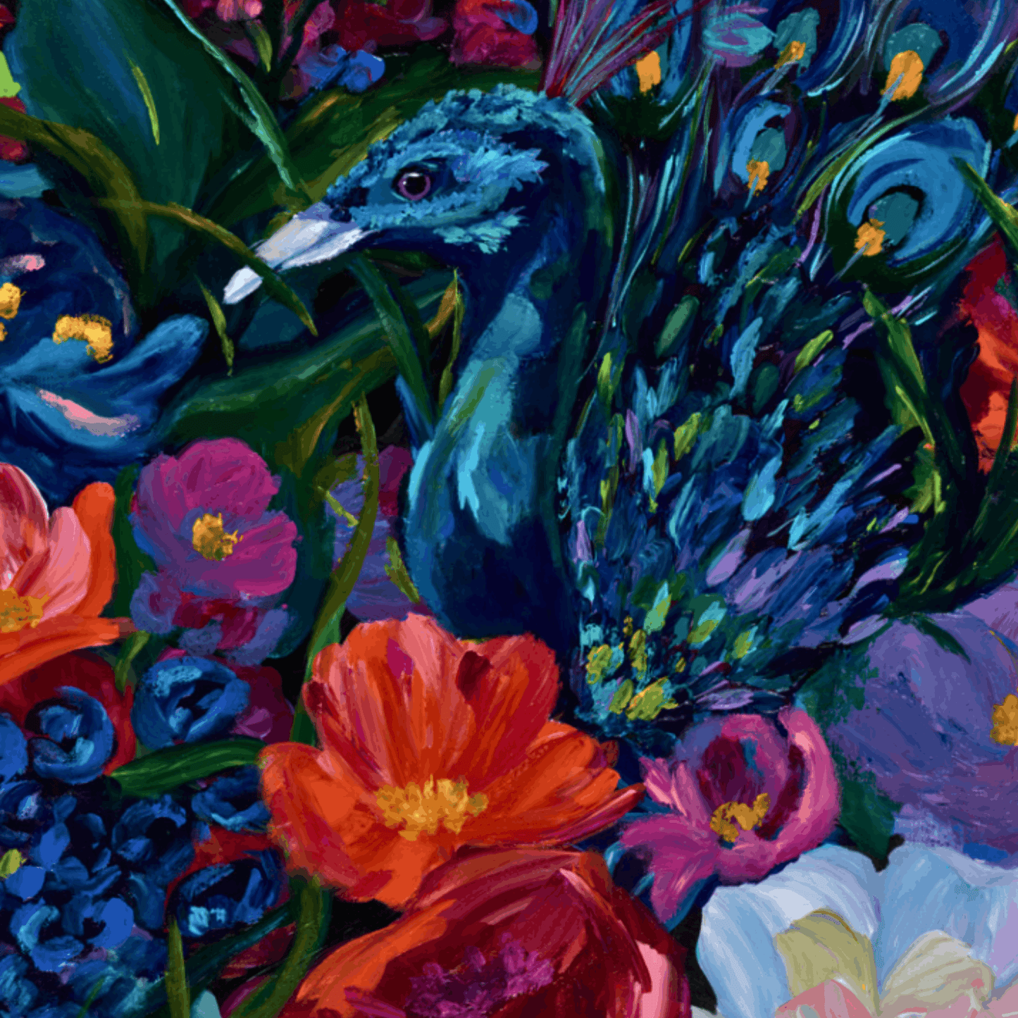 Original peacock artwork with rich blues, teals, and bright florals, expressive dopamine wall art inspired by nature and fearless colo