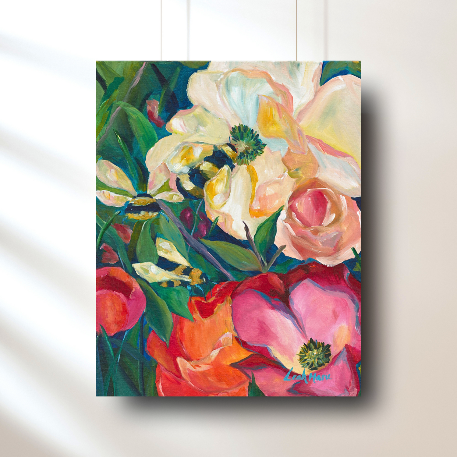 A vibrant original painting featuring a detailed depiction of flowers and bees with bold, dopamine-infused hues on a white background.