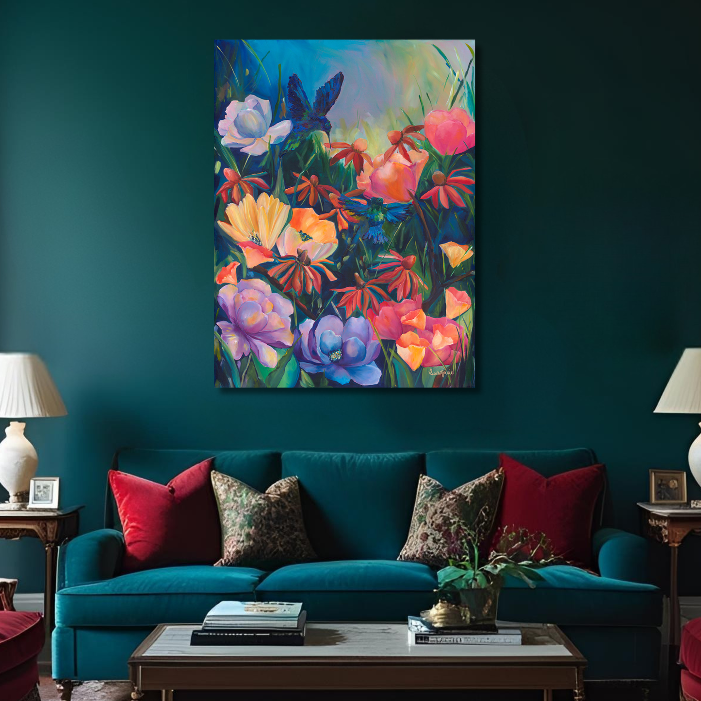 Original floral and hummingbird painting titled ‘To Micrathene,’ featuring vibrant pink, orange, and purple flowers with two blue hummingbirds. Acrylic on canvas, 36x48 inches.
