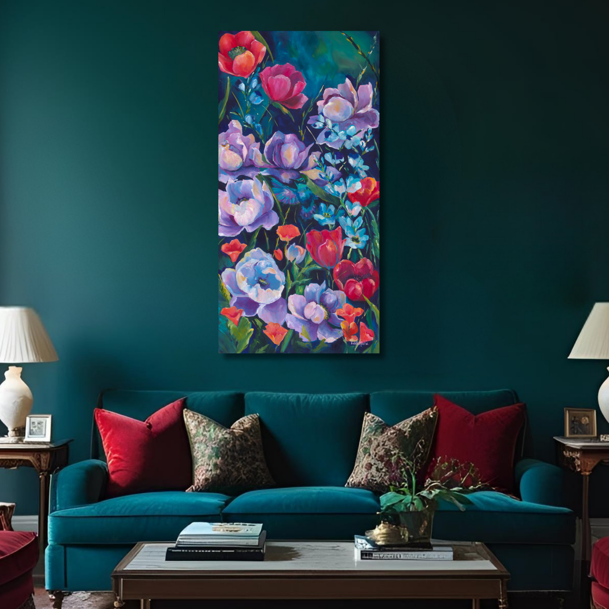 jewel tone hummingbird floral maximalist living wall art with hummingbirds and large purple peony flowers