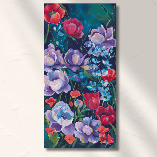 jewel tone hummingbird floral maximalist living wall art with hummingbirds and large purple peony flowers