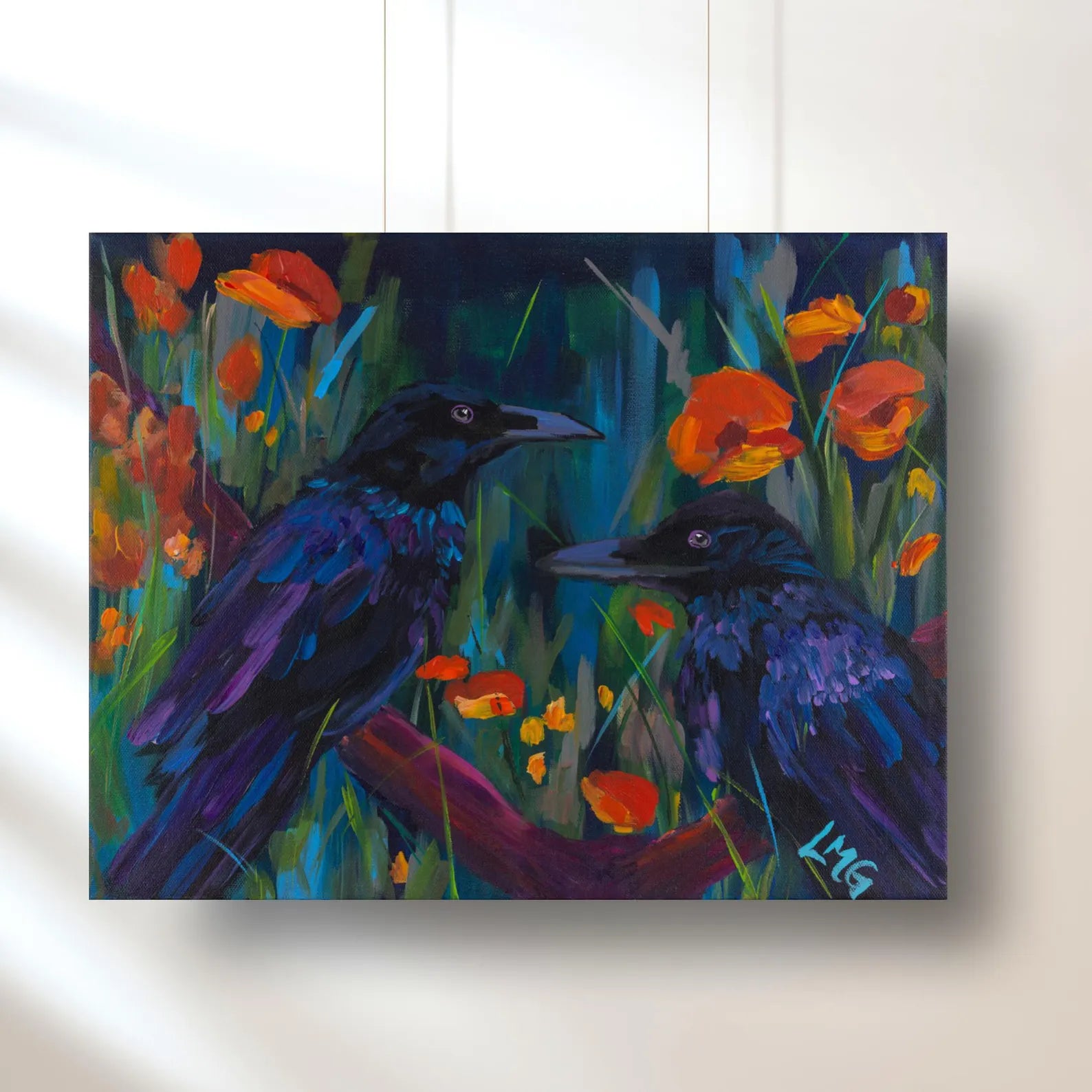 Painting of two crows among flowers on a white wall