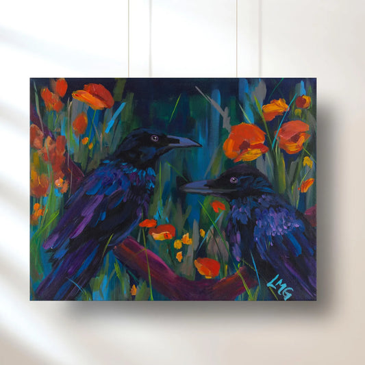 Painting of two crows among flowers on a white wall