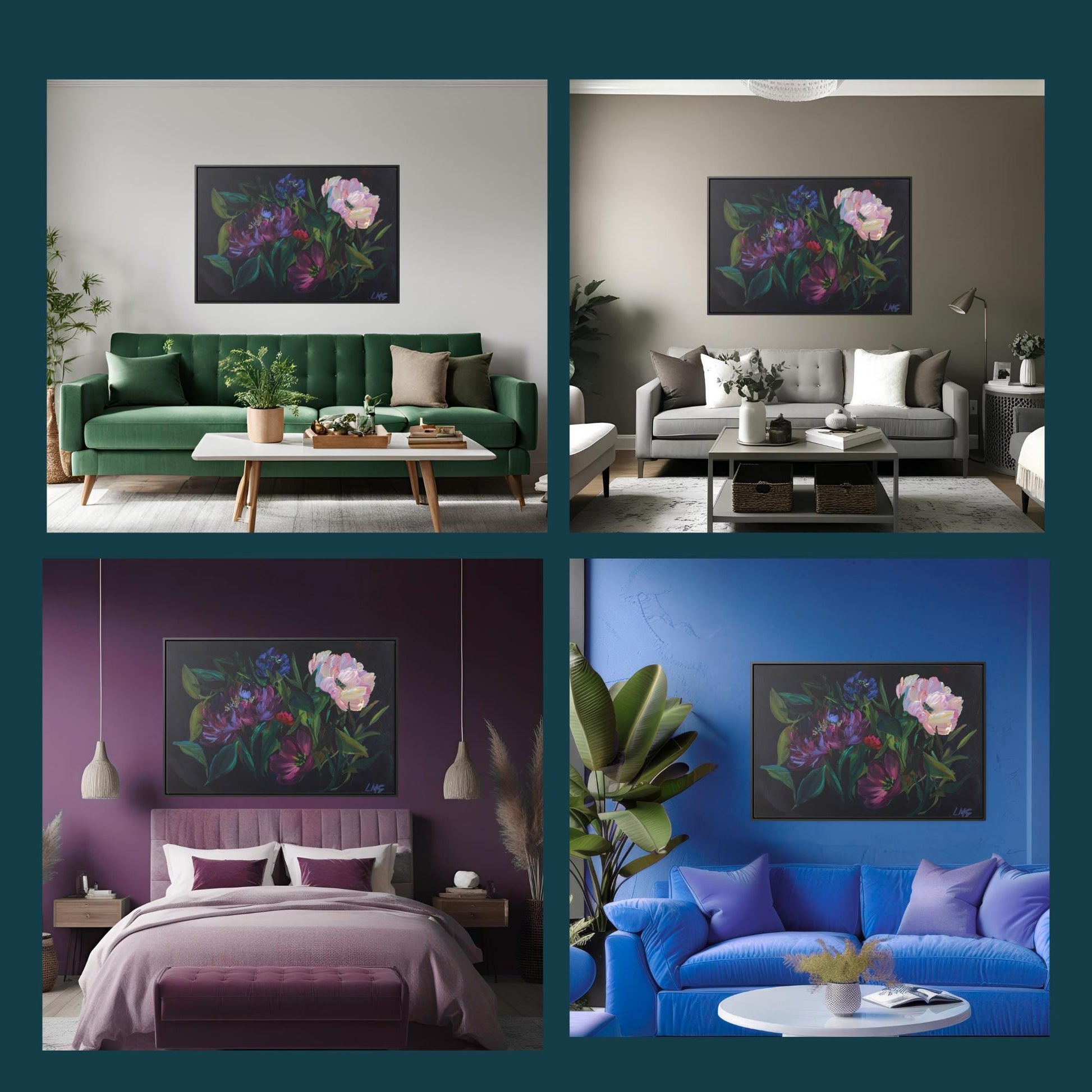 color drenched living room with peony wall hanging