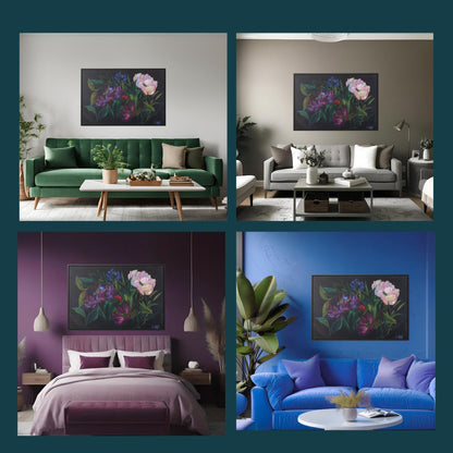 color drenched living room with peony wall hanging