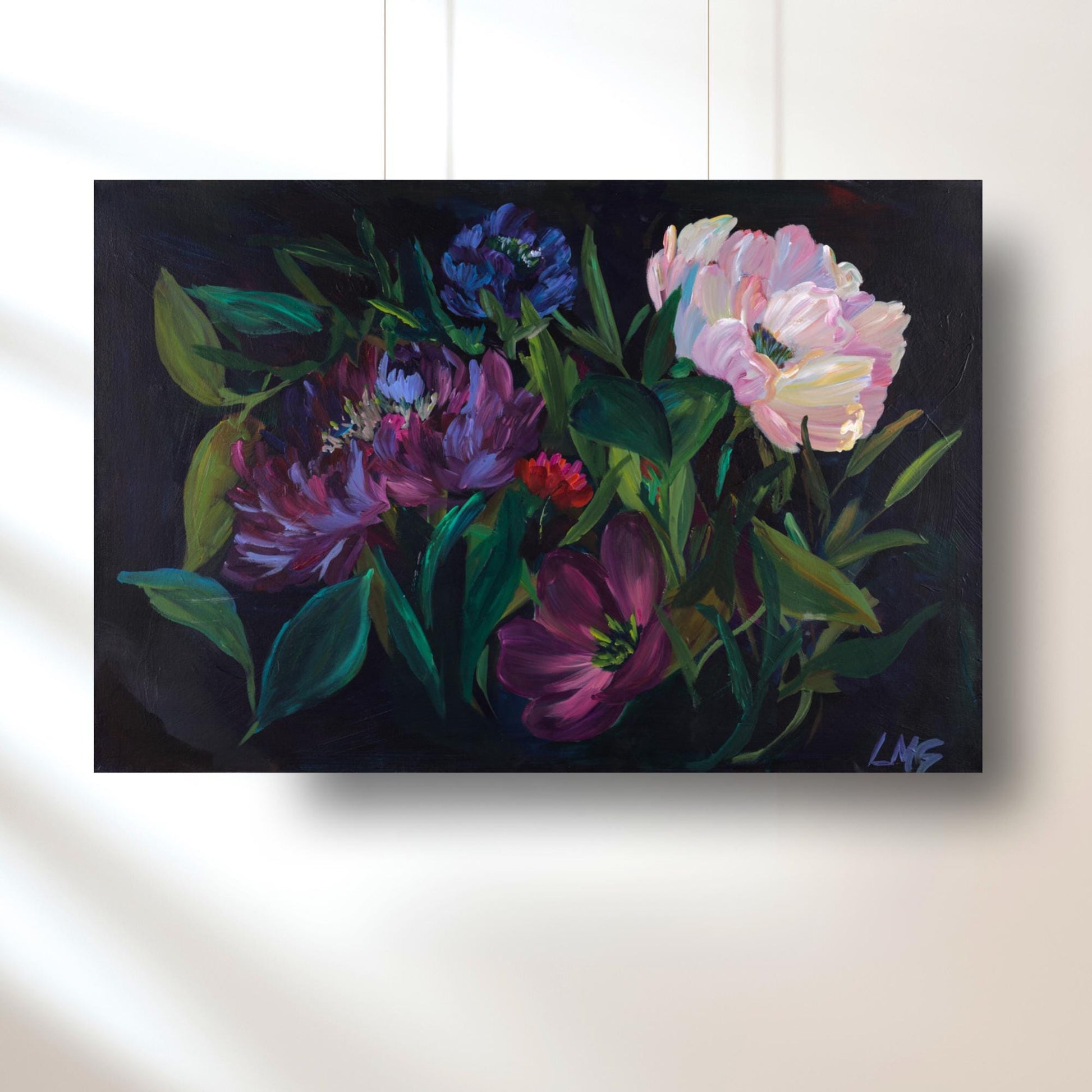 black peony floral print wall art from hand painted art