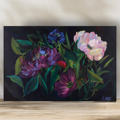 gothic dark floral maximalist peony floral wall art print from original hand painted artwork