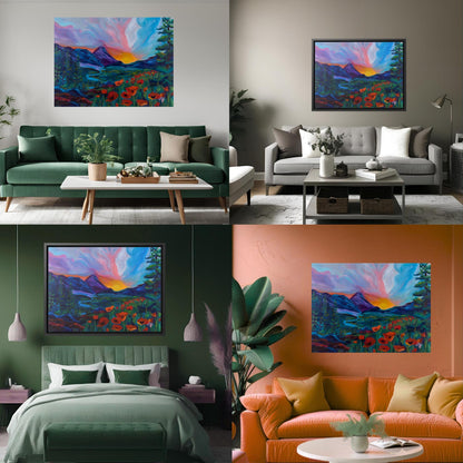 Original mountain painting print with emotional color palette, a striking visual for modern rustic or boho rooms.
