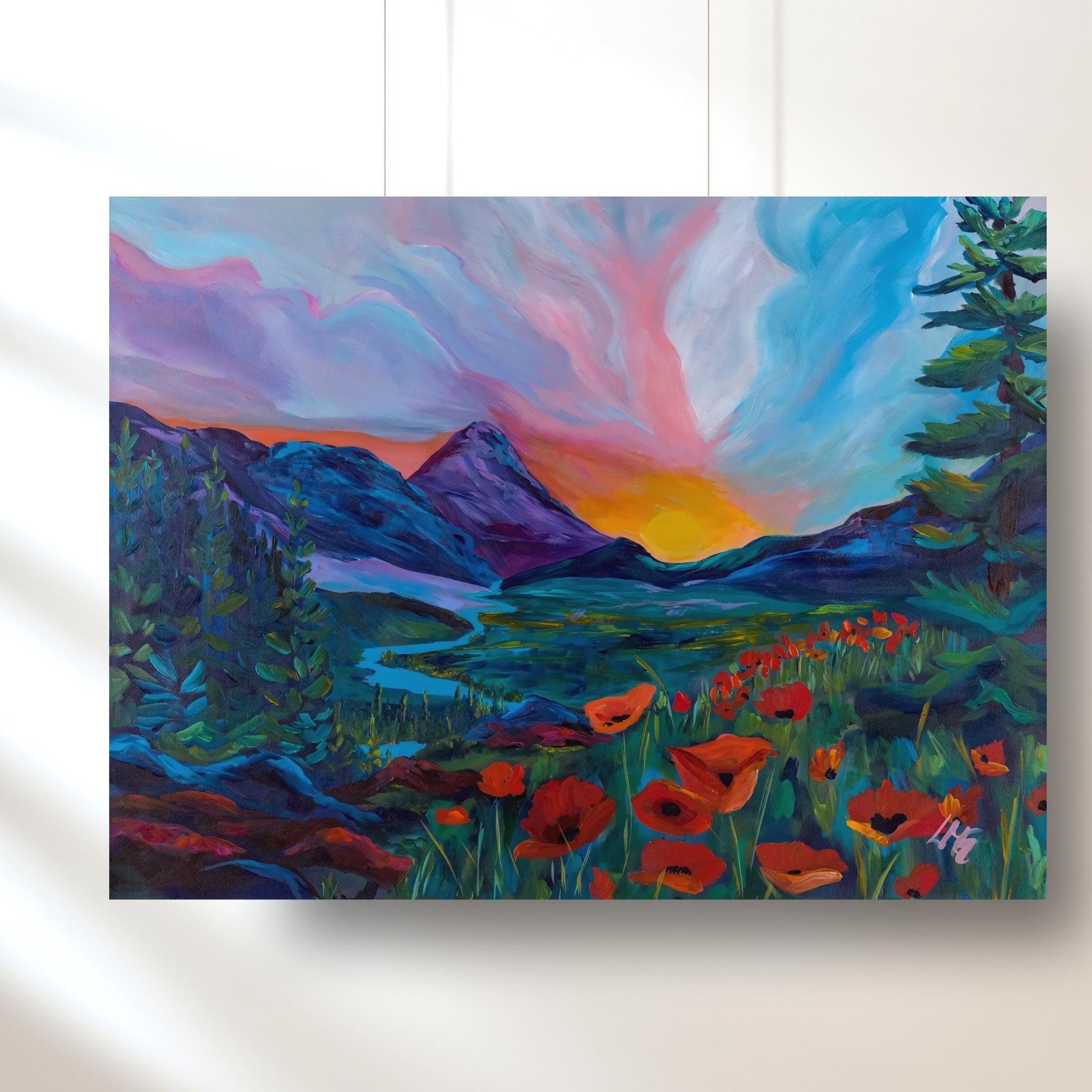 Sunrise over poppies print with glowing mountain backdrop, perfect for tranquil home decor or nature lovers&#39; gallery wall.