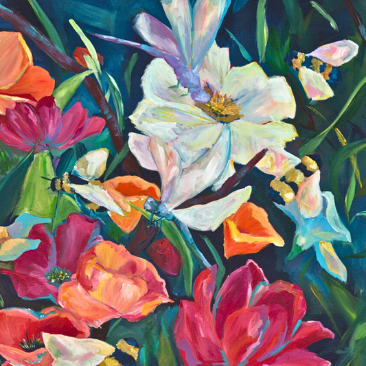 A vibrant original painting featuring a detailed floral pattern with bold, colorful strokes and delicate bees.