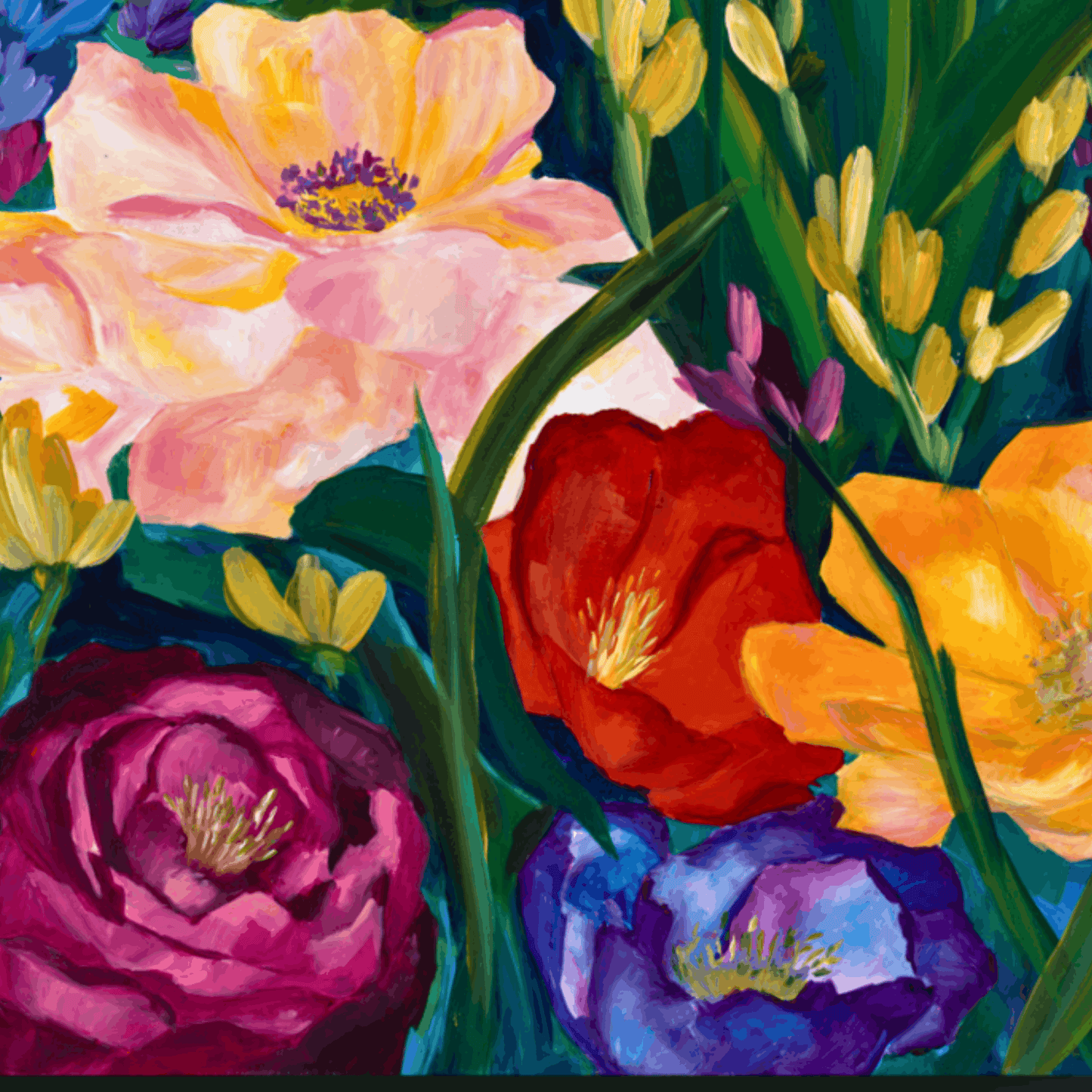 Bright maximalist floral painting inspired by early summer blooms, perfect for collectors who love rich color and statement art.