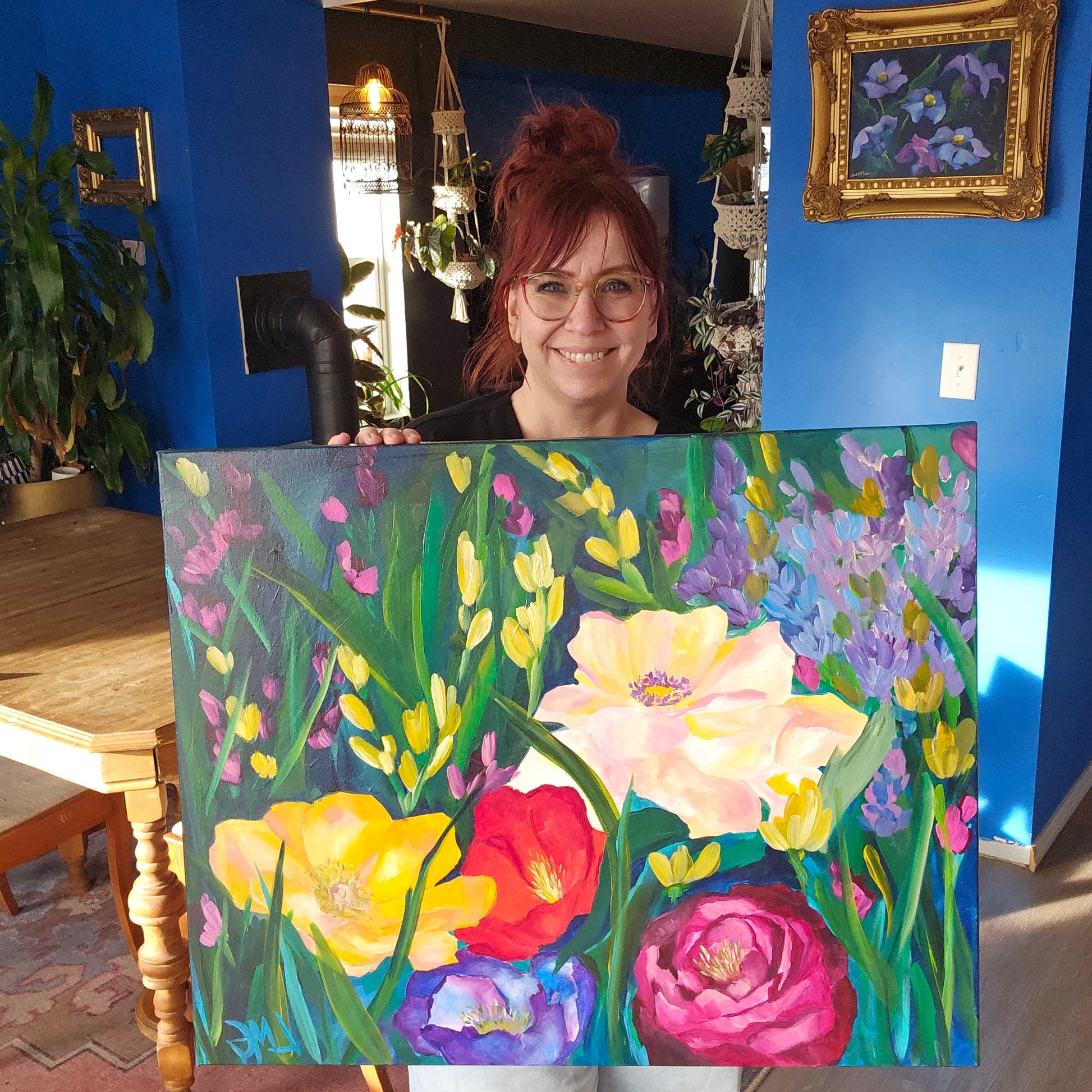 large abstract modern floral peony jewel tone happy hand painted artwork by dopamine artist Leah  Color-saturated floral art that brings the energy of new summer growth into a space, designed for dopamine decor and color lovers.