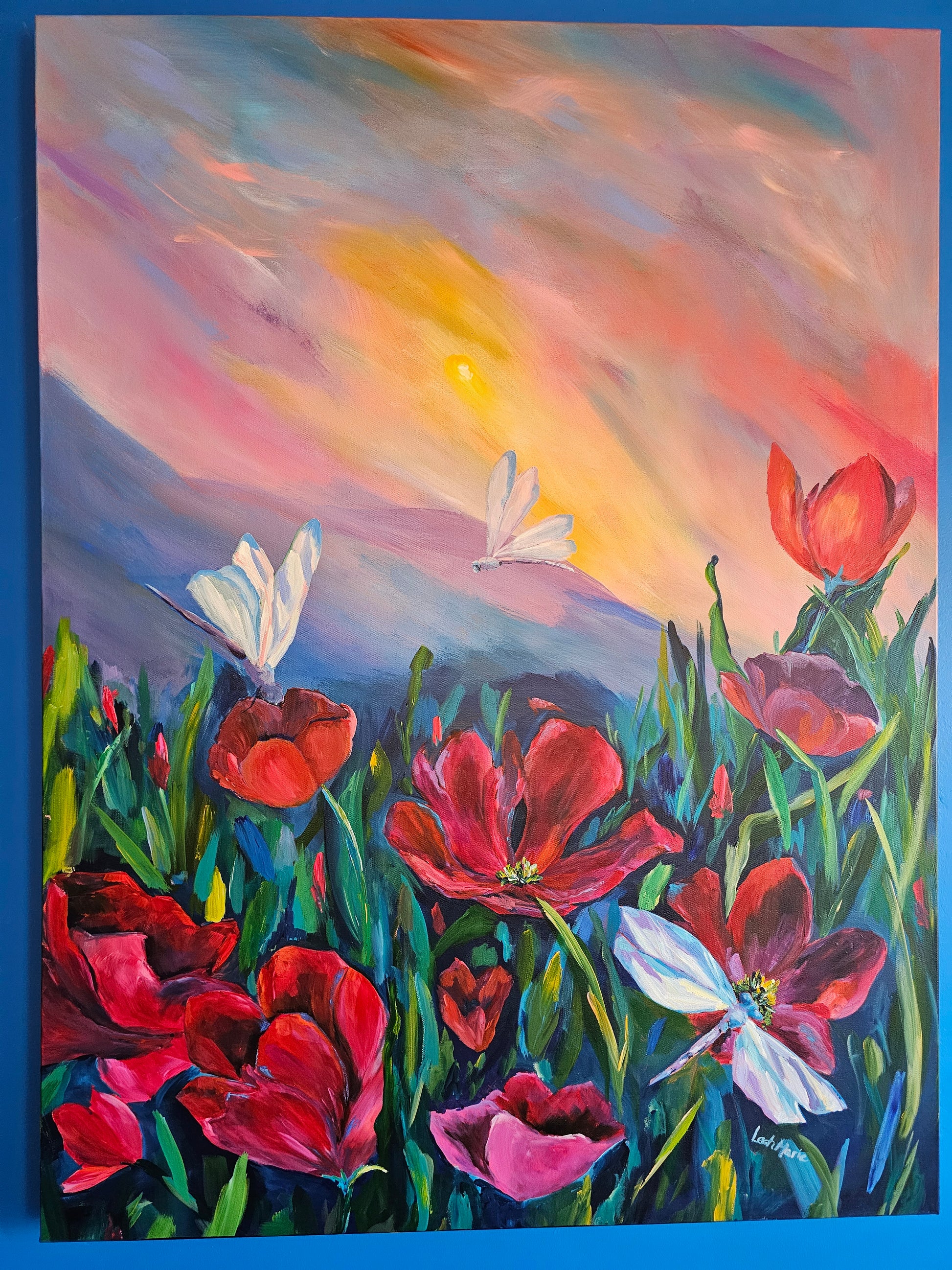 large statement piece for a living room 36x48  painting on canvas with pink and purple sunset dragonflies and dark pink flower field