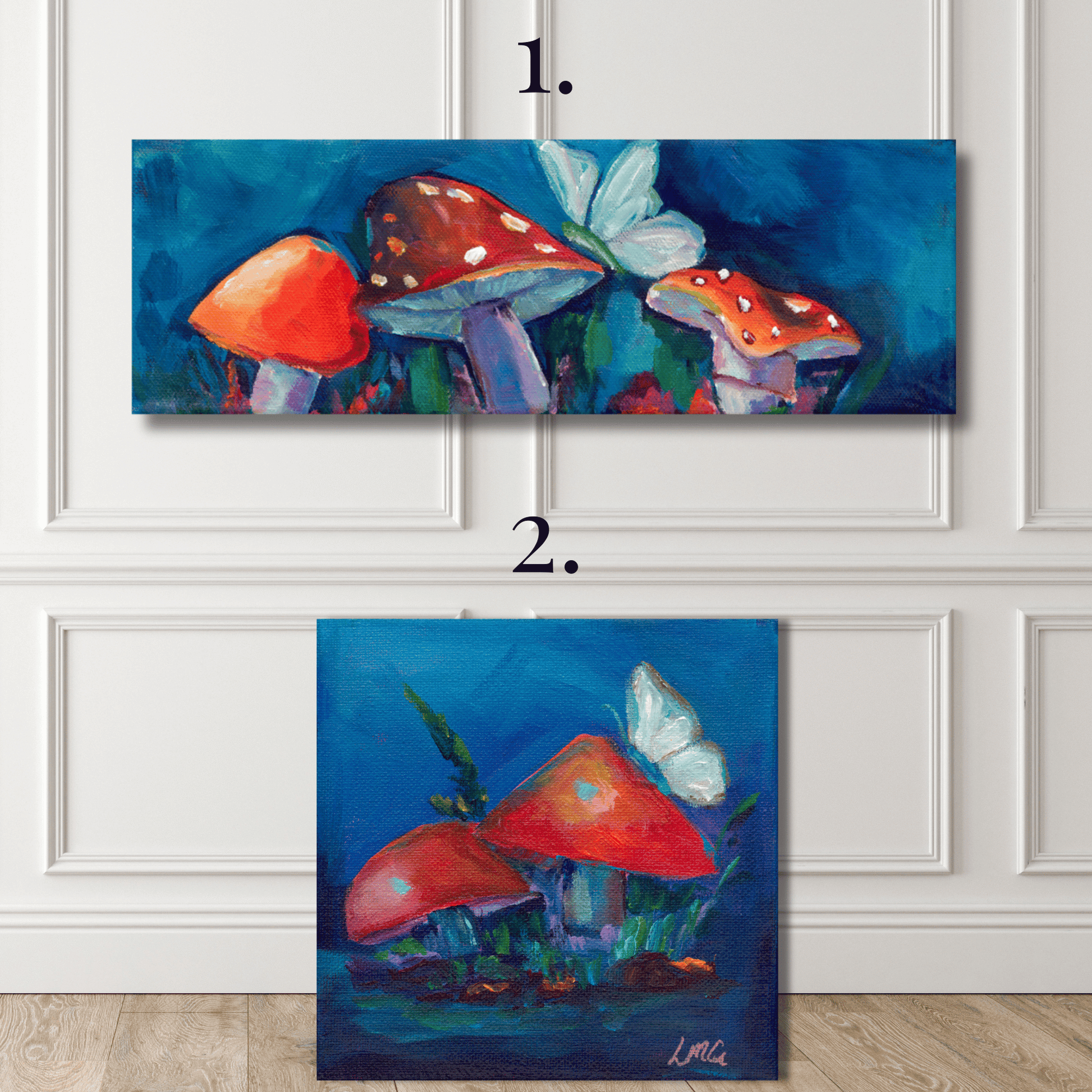 Original hand-painted mushroom wall art in bold dopamine colors — small cottagecore painting that adds magic and whimsy to maximalist home decor
