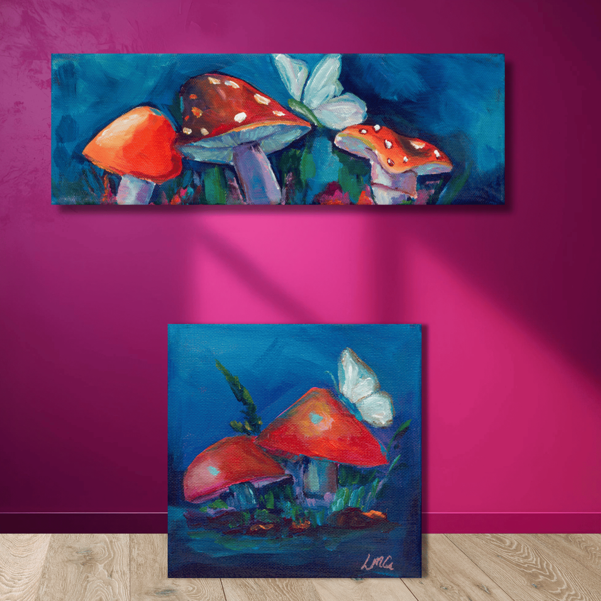 Mini red mushroom painting with butterfly, hand-painted by Leah Marie — vibrant cottagecore wall art for dopamine decorators and fairy-tale interiors