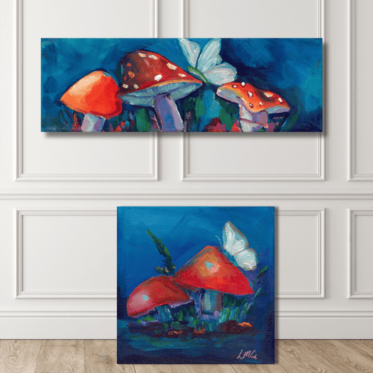 Whimsical mushroom landscape painting with red toadstools and soft butterfly wings — dopamine cottagecore wall art for colorful maximalist decor