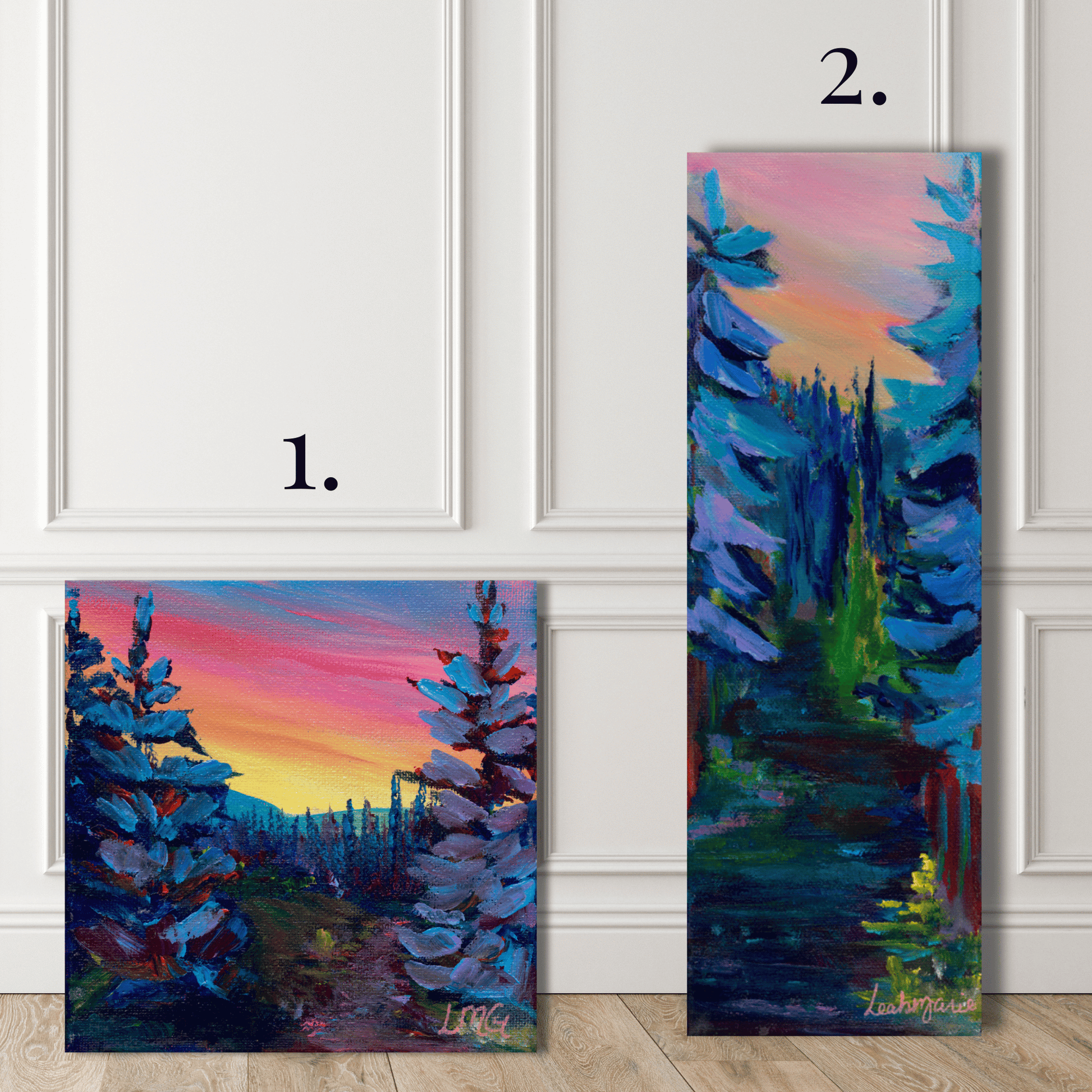 Original acrylic landscape wall art by Leah Marie featuring vivid pine trees against a radiant Idaho sunset — joyful maximalist wall decor for color lovers