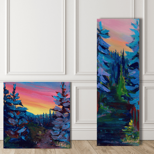 Colorful Idaho sunset landscape painting with vibrant pink, yellow, and purple sky over pine trees — dopamine decor for maximalist gallery walls.