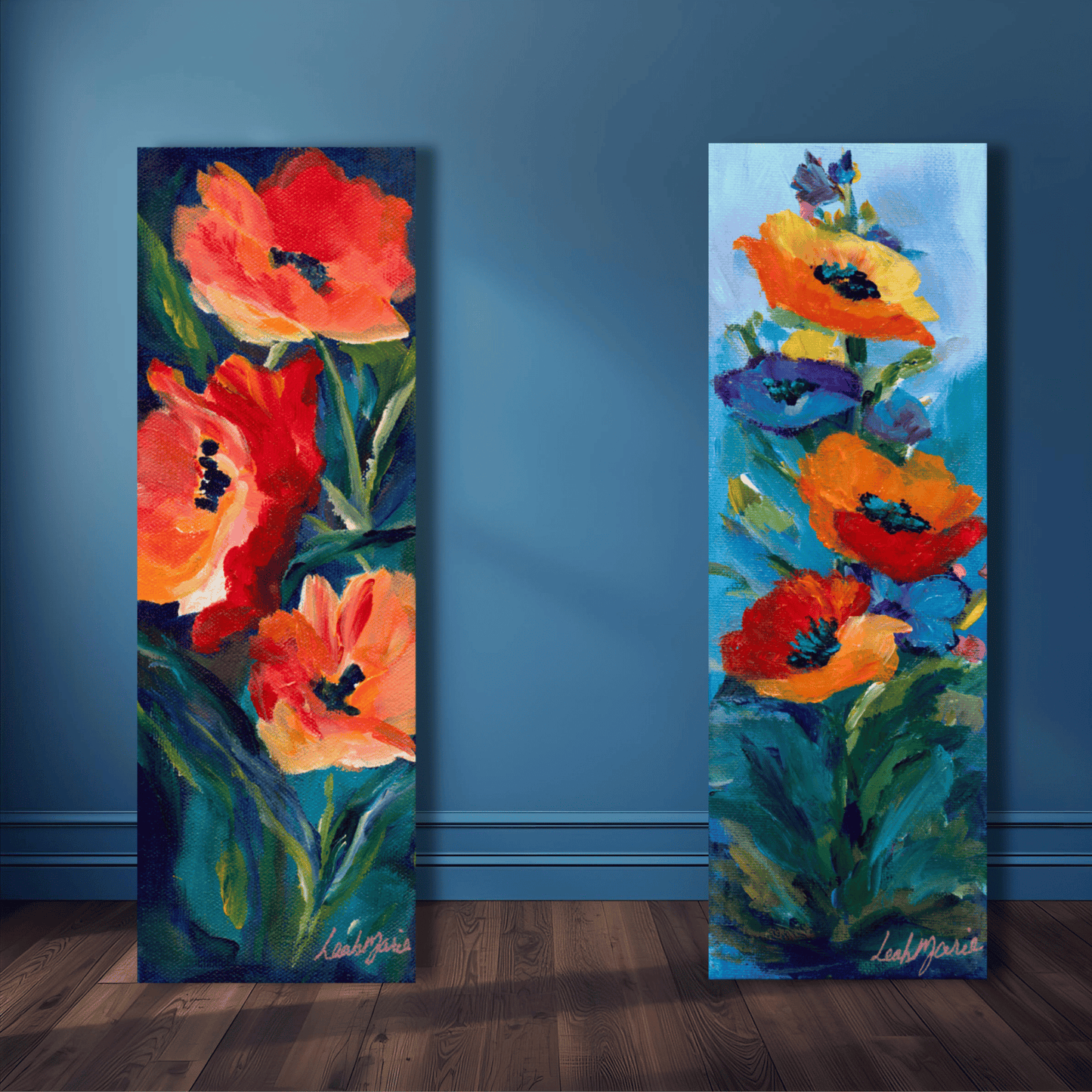 long narrow miniature poppy paintings on canvas great for a farmhouse kitchen or a gift for her