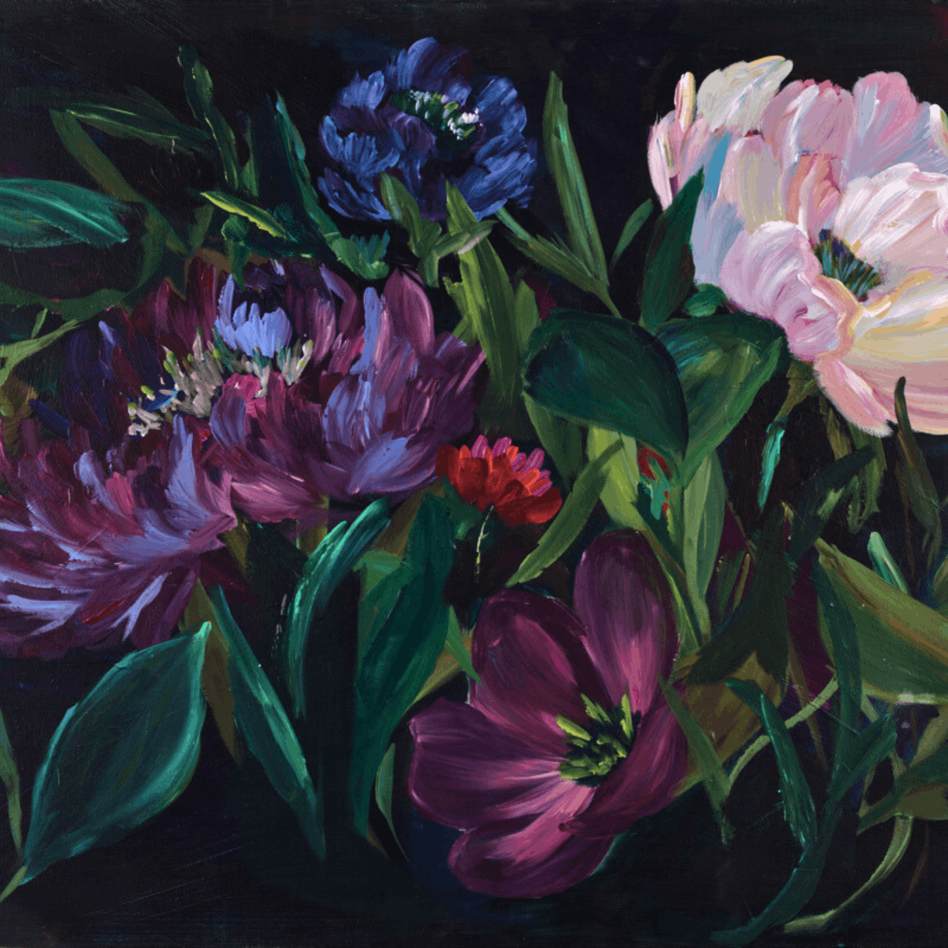 abstract broad brushstrokes creating a moody peony floral artwork