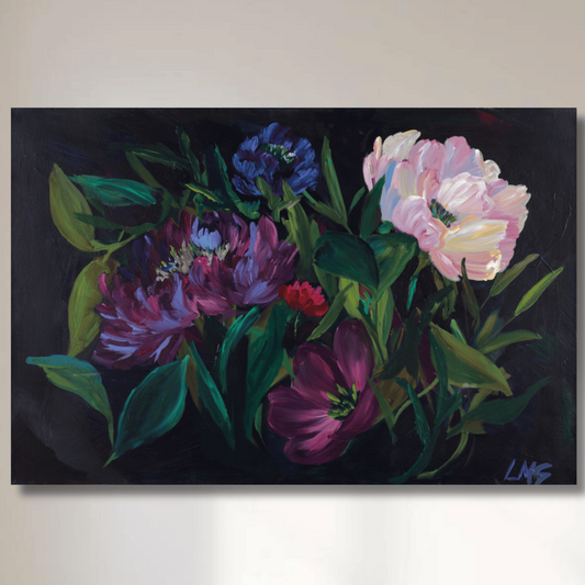 Moody Blooms fine art print reproduction featuring dramatic floral arrangement on archival paper and gallery-wrapped canvas