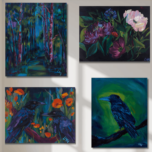 moody floral and wildlife nature prints designed from original hand painted artwork for gallery wall art 