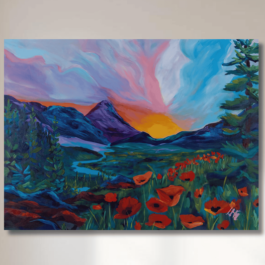 Mountain sunset landscape fine art print reproduction with red poppy meadow on archival paper and gallery-wrapped canvas